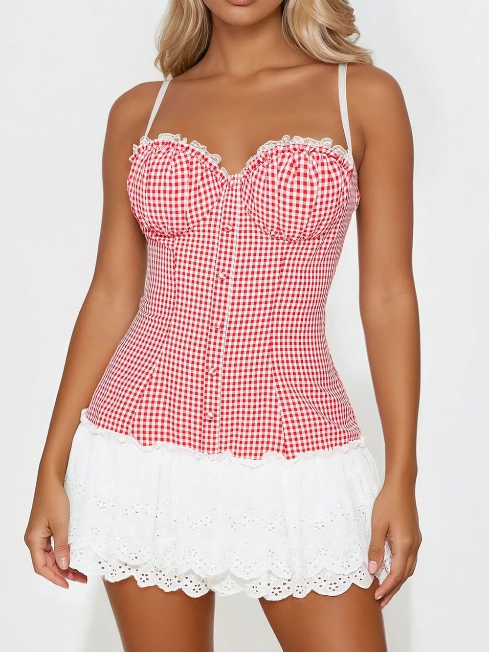 Red & white Gingham Lace-Up Micro-Mini Dress